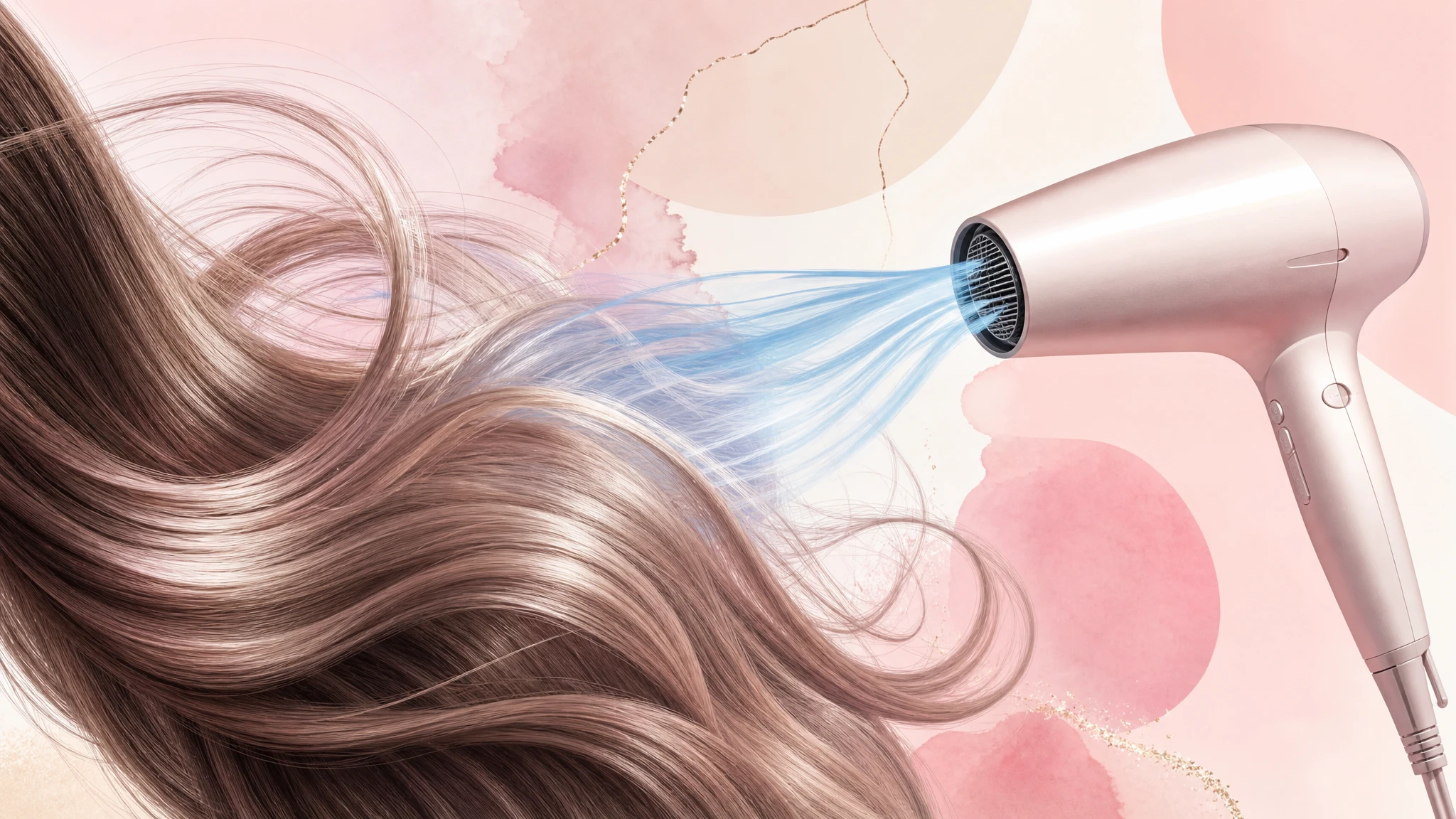 Ilustración editorial conceptual de secado de pelo con volumen y aire frío