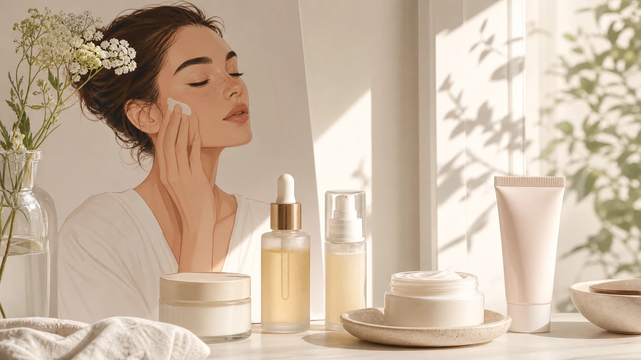 Ilustración editorial de una rutina de cuidado facial sencilla con luz matinal