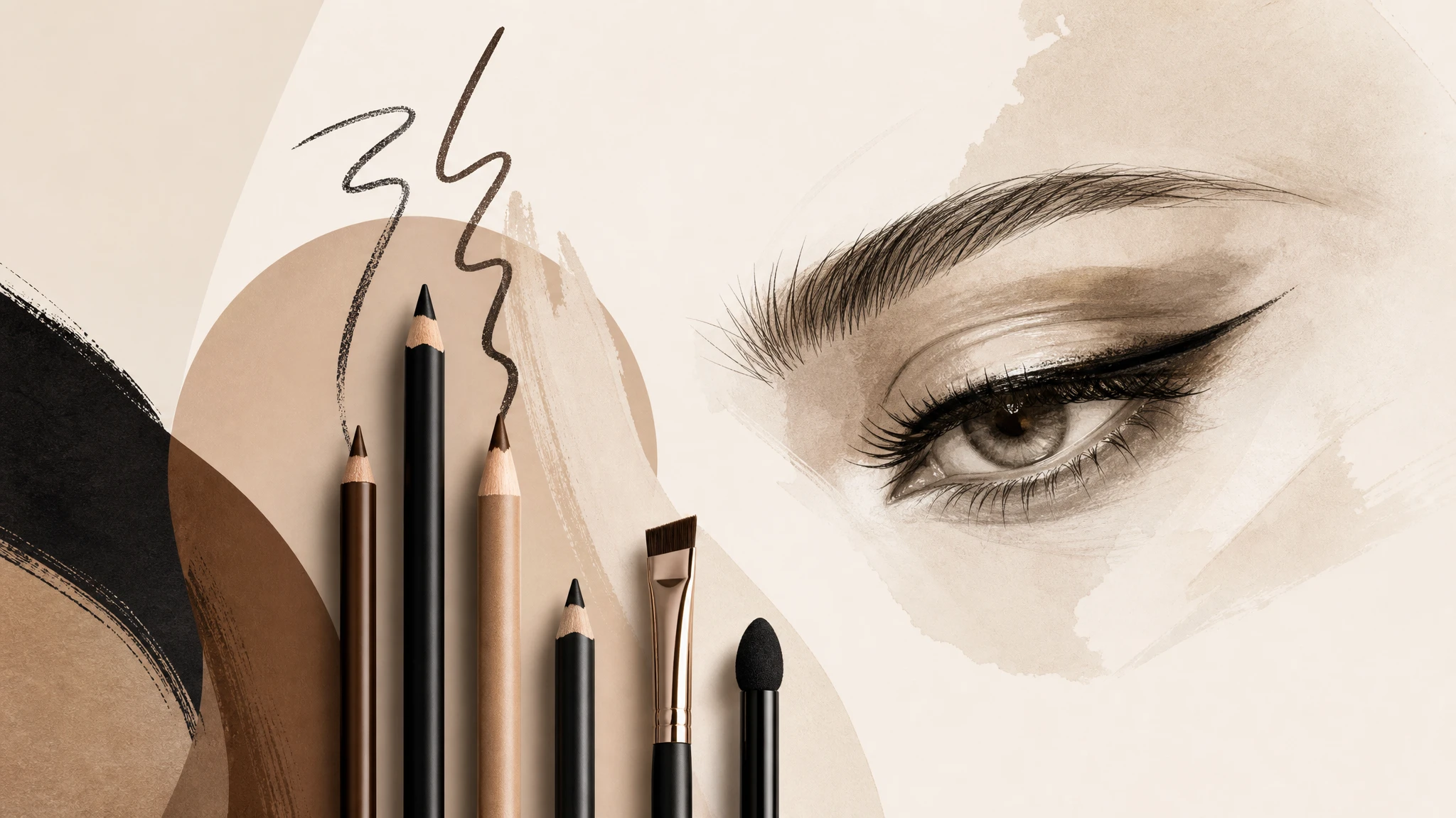 Ilustración editorial de lápices de ojos y herramientas de maquillaje en tonos neutros