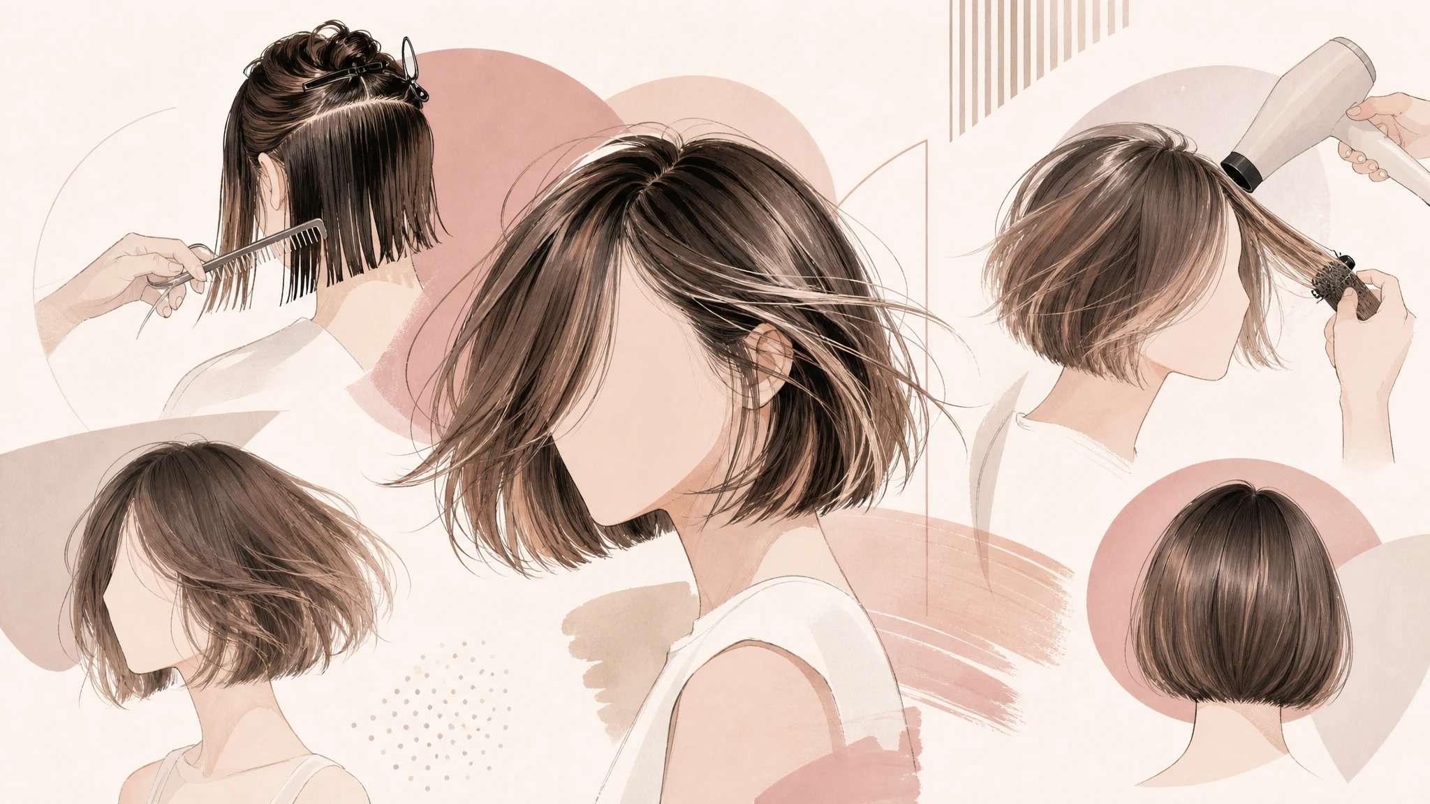 Ilustración editorial de proceso de peinado de corte bob con líneas limpias y tonos pastel