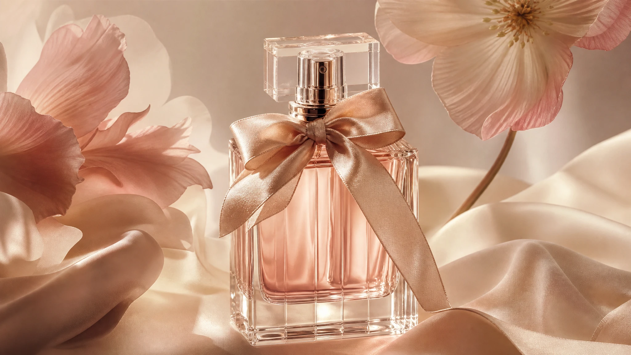 Ilustración editorial de frasco de perfume clásico con lazo de seda en tonos rosa y dorado